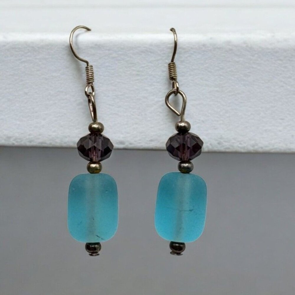 Blue Beaded Dangle Earrings Purple Accent Beads Silver Tone Boho Handcrafted